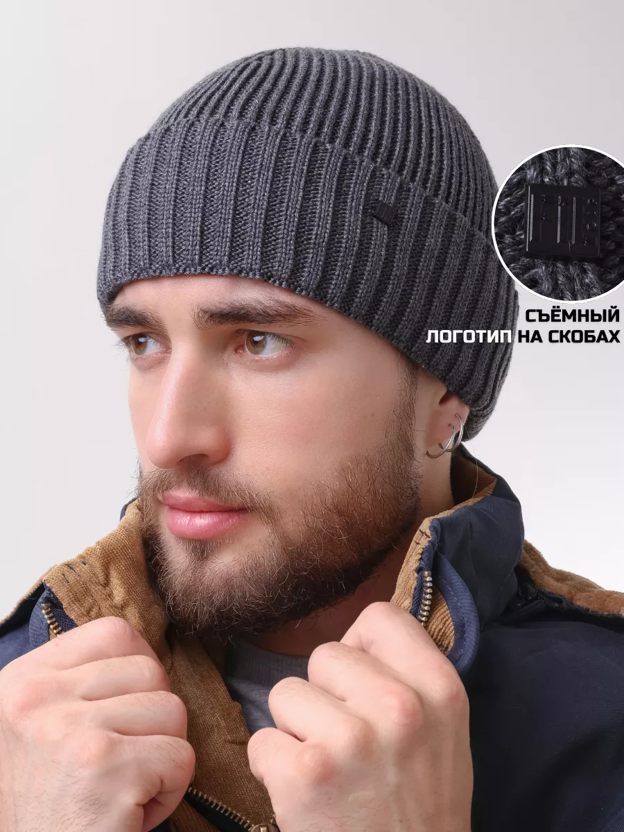 Шапка зимняя на флисе вязаная бини