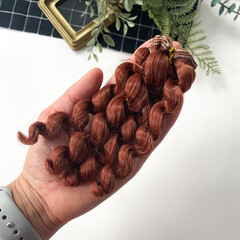 Волосы для кукол, трессы кудри-локоны-спиральки, рыжий каштан, длина 15 см*1 метр., набор 2 шт.