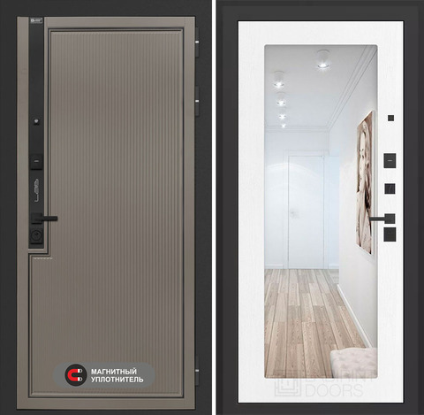 Входная дверь в квартиру Лабиринт Лаб про 1 Велютто кофе с зеркальной вставкой 18 Белое дерево