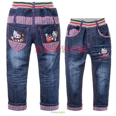 Джинсы детские с аппликациями HELLO KITTY  и вставками в клетку