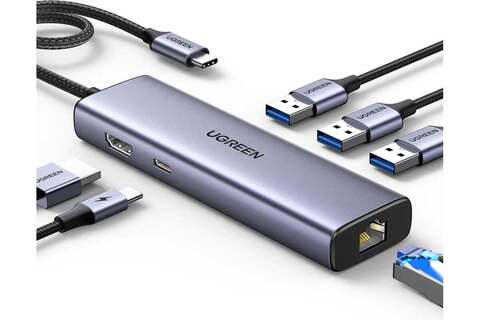 Конвертер  UGREEN CM512 (15598) USB-C To 3*USB 3.0 A+HDMI+RJ45+PD Converter, серый