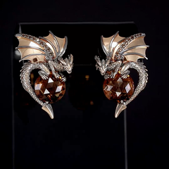 Серьги «ДРАКОНЫ» из золота 585 пробы c цитринами и кварцем дымчатым