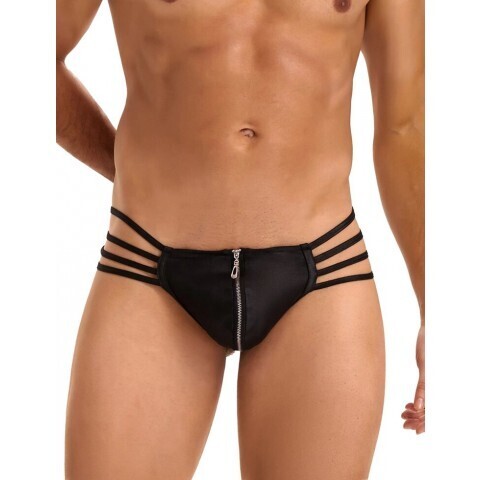 Кожаные мужские стринги Ohyeah Zipper Black, на молнии со стрепами, XL