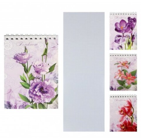 Блокнот А6, 40л, клетка, на евроспирали, ассорти 4 вида Прелестный цветок