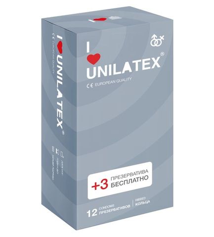 Презервативы с рёбрами Unilatex Ribbed - 12 шт. + 3 шт. в подарок - Unilatex Unilatex Ribbed №12 + №3