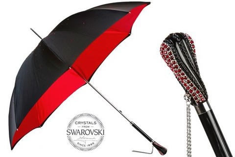 Зонт-трость Pasotti - Black Swarovski® Umbrella with Red Interior, Double Cloth, Италия.