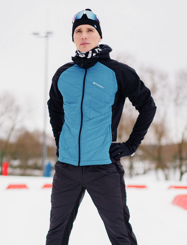 Премиальный костюм для лыж и зимнего бега Nordski Hybrid Hood Warm Black-Light Blue