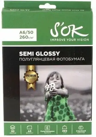 Фотобумага Premium S'OK полуглянцевая, формат А6, плотность 260г/м2, 50 листов