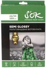 Фотобумага Premium S'OK полуглянцевая, формат А6, плотность 260г/м2, 50 листов