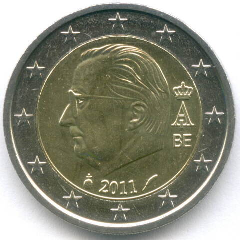 2 евро 2011 год. Бельгия. Регулярный выпуск (Альбер II). Тип 3. Биметалл AU