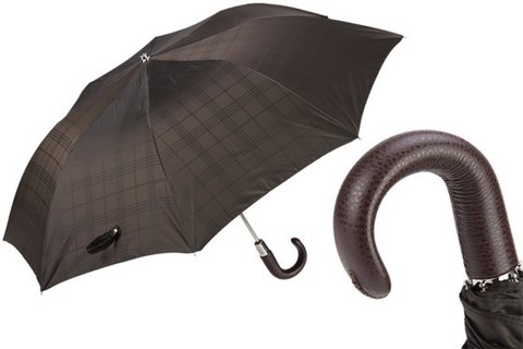 Зонт складной Pasotti Brown Check Umbrella with Leather Handle, Италия.