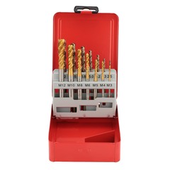 Набор метчиков машинных M3 -M12 HSSE-TiN DIN371/376 (C/2,5P, R45, + сверла) 14пр H-Tools 245052THT