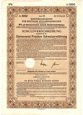 Долговое обязательство 1000 швейцарских франков - Германия - 1935 год