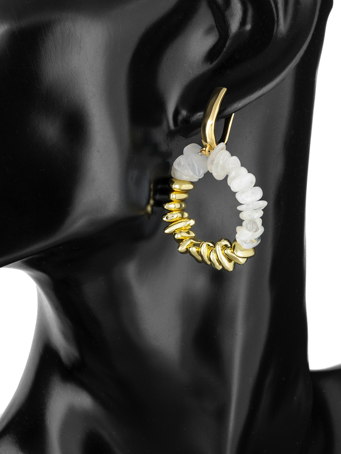 Круглые серьги кольца с лунным камнем и гематитом