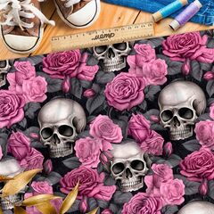 Ткань премиум дюспо мрачные черепа на фоне роз