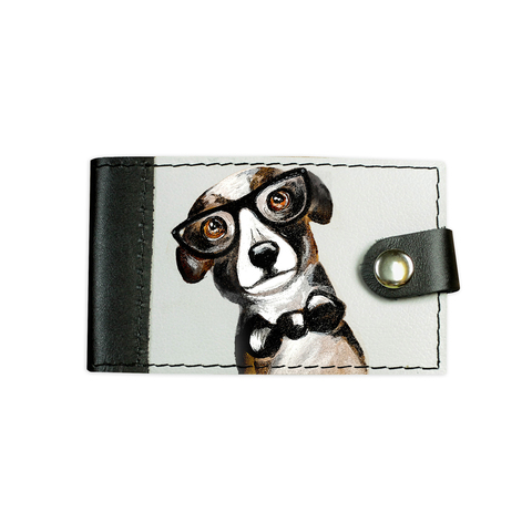 Визитница на кнопке "Пес в очках", комбинированная, черная