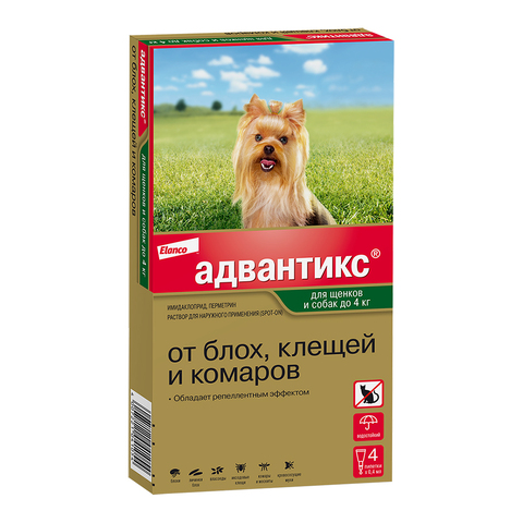 Bayer Адвантикс капли для щенков и собак до 4кг от блох, клещей и комаров (4 пипетки)