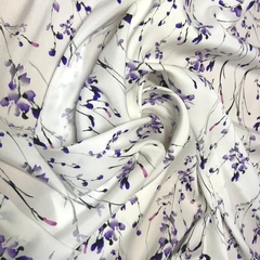 Мерный лоскут 1,1 м шифон шелковый с сиреневыми цветами на белом фоне 1153