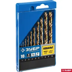 ЗУБР Кобальт, 10 шт, (1-10 мм), сталь Р6М5К5, класс А, набор сверл по металлу, Профессионал (29626-H10)