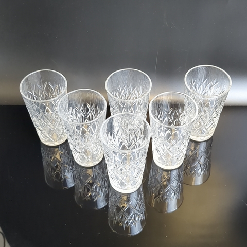 Стопки набор из 6 штук хрустальные с алмазной гранью, геометрический орнамент, 8.5 см, (объём-? мл), винтаж СССР 1970-1990 гг