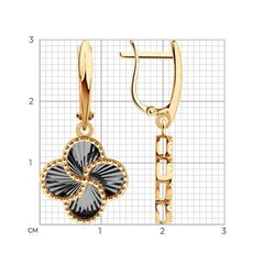 Серьги Trendy из золота 585 пробы с подвесками клевер черный с алмазными гранями