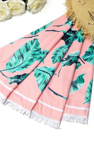 полотенце пляжное круглое розовое с листьями