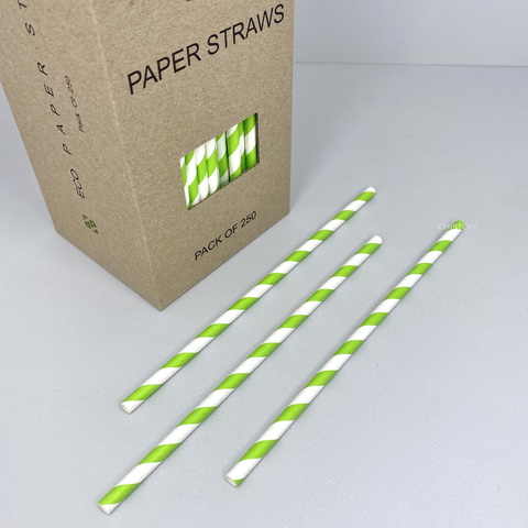 Трубочки бумажные (250 шт.) белые с зелеными полосками