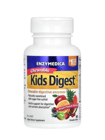Enzymedica Kids Digest, жевательные ферменты для детей, со вкусом фруктового пунша, 60 жевательных таблеток