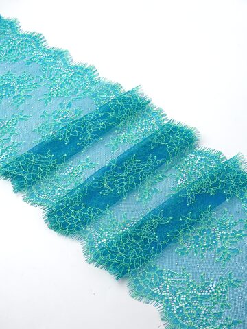 Кружево шантильи тихоокеанский синий с нитью лимон-лайм неэластичное ширина 22 см длина 1.45 м