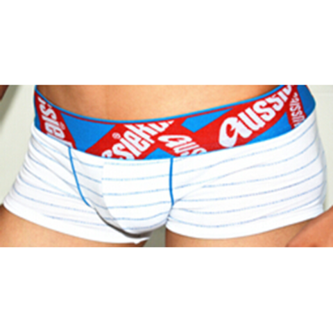 Мужские трусы хипсы белые Aussiebum Comfort White Boxer красно-синяя резинка