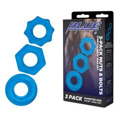 Комплект из трех голубых колец для эрекции 3-Pack Nuts & Bolts Stretch Cock Ring Set - 