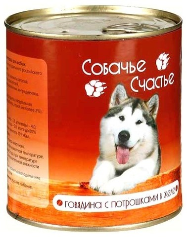 Собачье Счастье консервы для собак (говядина с потрошками в желе) 750г