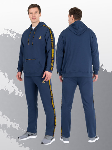 Худи цвета синего денима с лампасами, без логотипа. Плотный футер