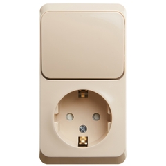 Schneider Electric ЭТЮД Крем Блок: Розетка с заземляющими контактами со шторками + выключатель 1-клавишный, открытая установка BPA16-201K