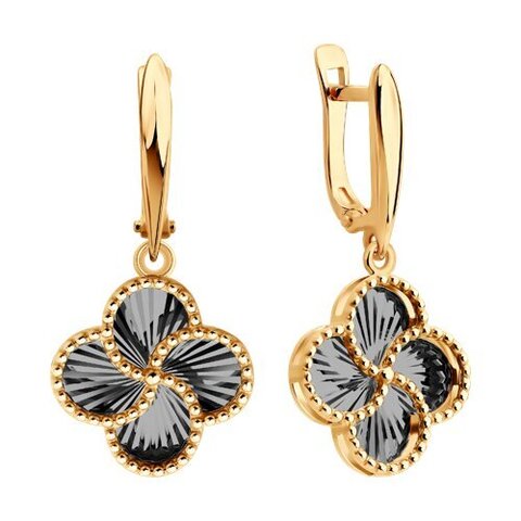 Серьги Trendy из золота 585 пробы с подвесками клевер черный с алмазными гранями