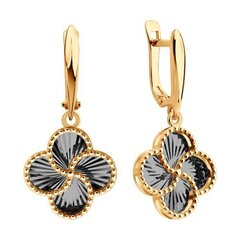 Серьги Trendy из золота 585 пробы с подвесками клевер черный с алмазными гранями