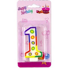 
          Свеча для торта с держателем Alingar, 7,0 см, "Цифра 1", белый цвет, горошек, цветная окантовка, блистер с европодвесом