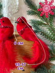 Птички Красные перьевые, на зажиме, 14-16 см, набор 3 шт