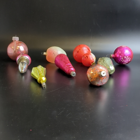 Ёлочные игрушки набор из 9 разных штук, неваляшка, домик, гриб и др, стекло, ручная роспись, подвесные, винтаж времён СССР 1960-1980 гг