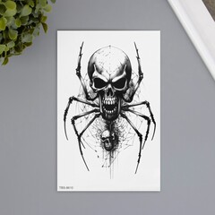 Татуировка переводная, Череп на паучьих лапах, Черный, 12*19 см