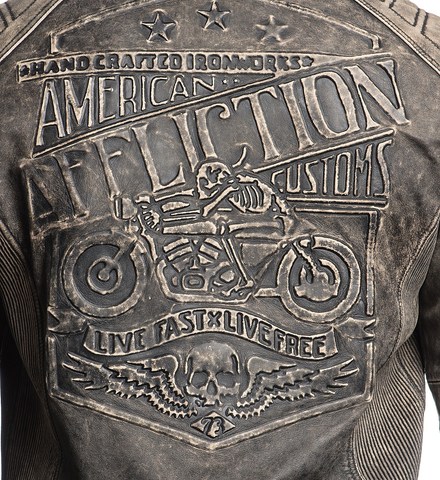 Afflction | Куртка кожаная мужская Iron Head Leather Jacket 110OW216 принт на спине