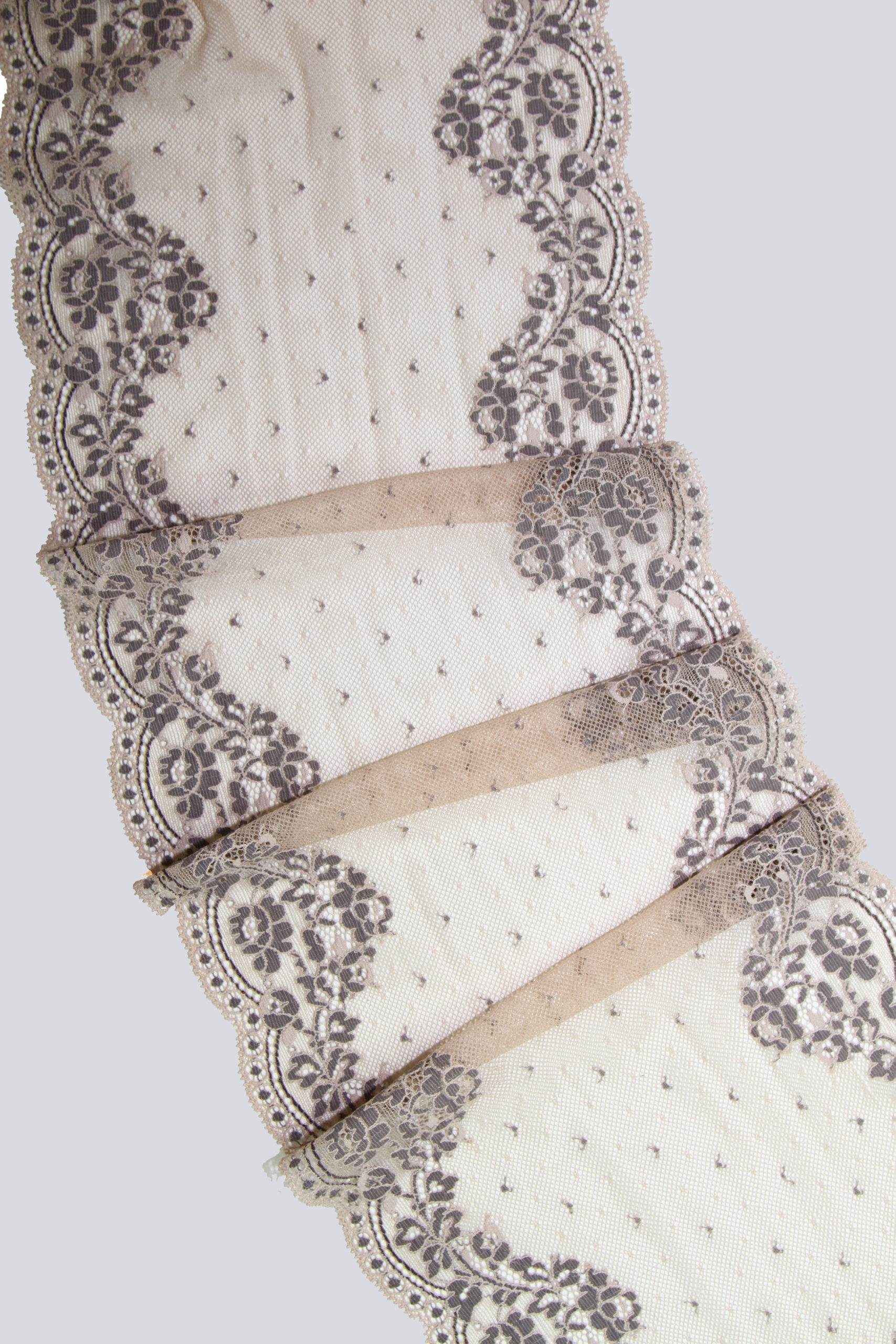 Эластичное кружево бежевое с серо-синим ширина 22,5 см ОТРЕЗЫ