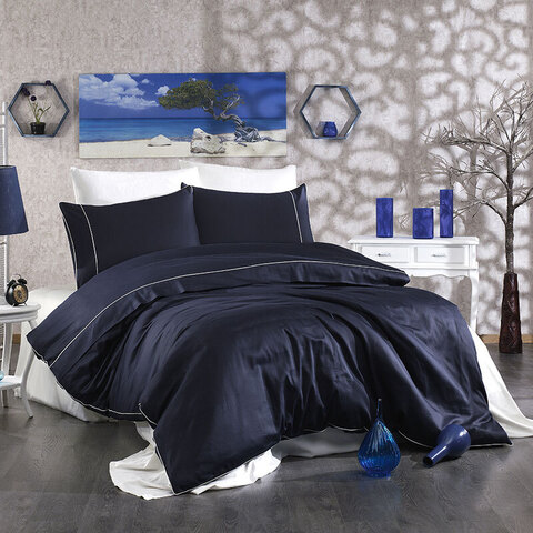 Постельное белье 2 спальное евро Grazie home Alix темно-синее/кремовое