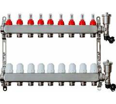 Коллекторная группа Grosseto с расходомерами 1"x¾" 9 выходов, нержавеющая сталь 10 бар универсальный кронштейн, автоматический воздухоотводчик