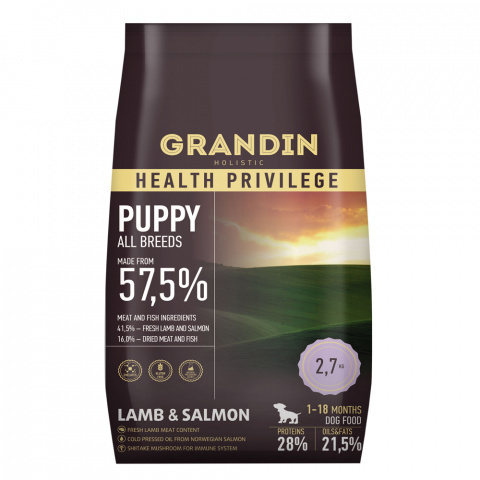 2.7 кг. Grandin Holistic Puppy all breeds lamb & salmon сухой корм для щенков с ягненком и лососем