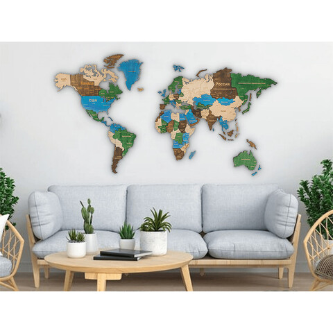 Декор на стену Карта мира многоуровневый, цветной L, 60х105 см, фанера