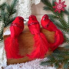 Птички Красные перьевые, на зажиме, 14-16 см, набор 3 шт