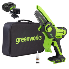 Цепная мини-пила Greenworks G24MCS10K4 24V (10 см) аккумуляторная, с АКБ 4 А/ч и ЗУ
