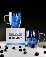 Набор кружек с цветными двойными стенками Glaffe New-York 350 мл синие, стеклянные