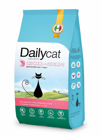 Dailycat ADULT корм для взрослых стерилизованных кошек с курицей и креветками 400 гр